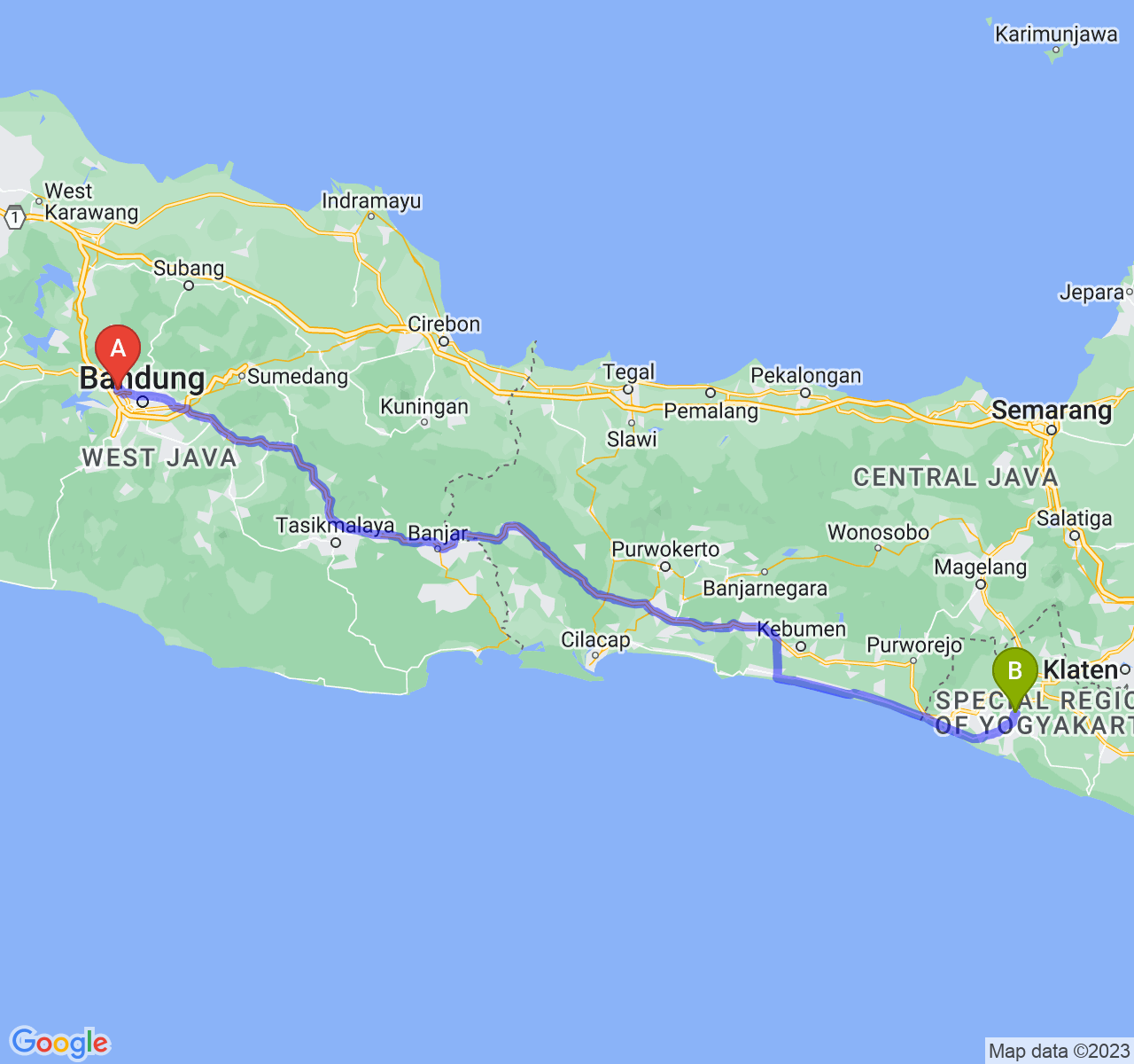 rute perjalanan Kota Cimahi-Kab. Bantul