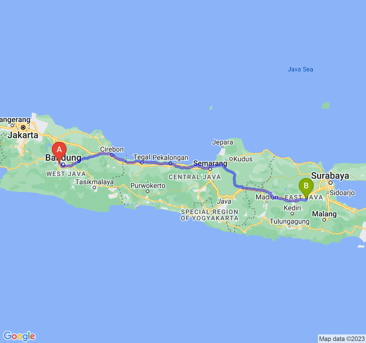 rute perjalanan Kota Cimahi-Kab. Jombang