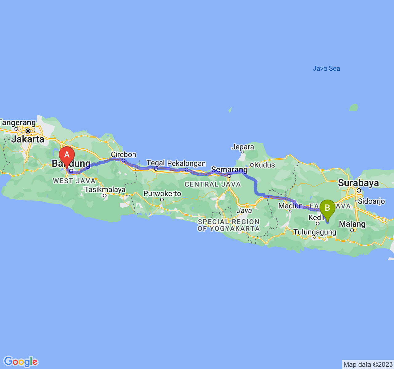 rute perjalanan Kota Cimahi-Kab. Kediri