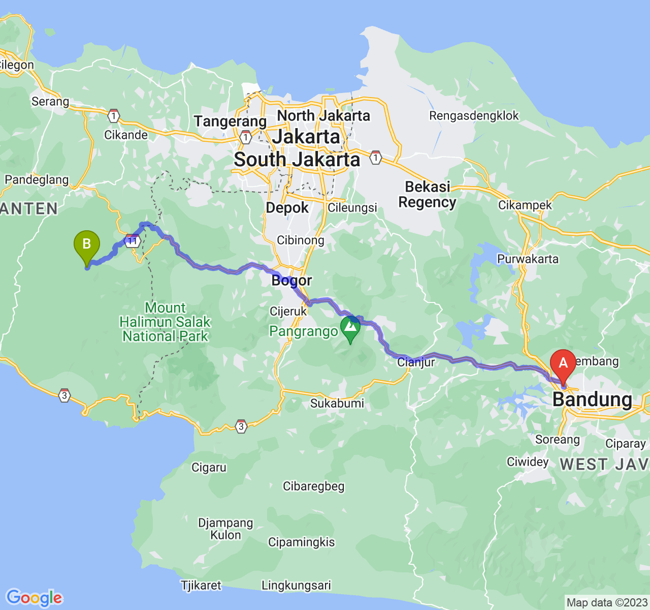 rute perjalanan Kota Cimahi-Kab. Lebak