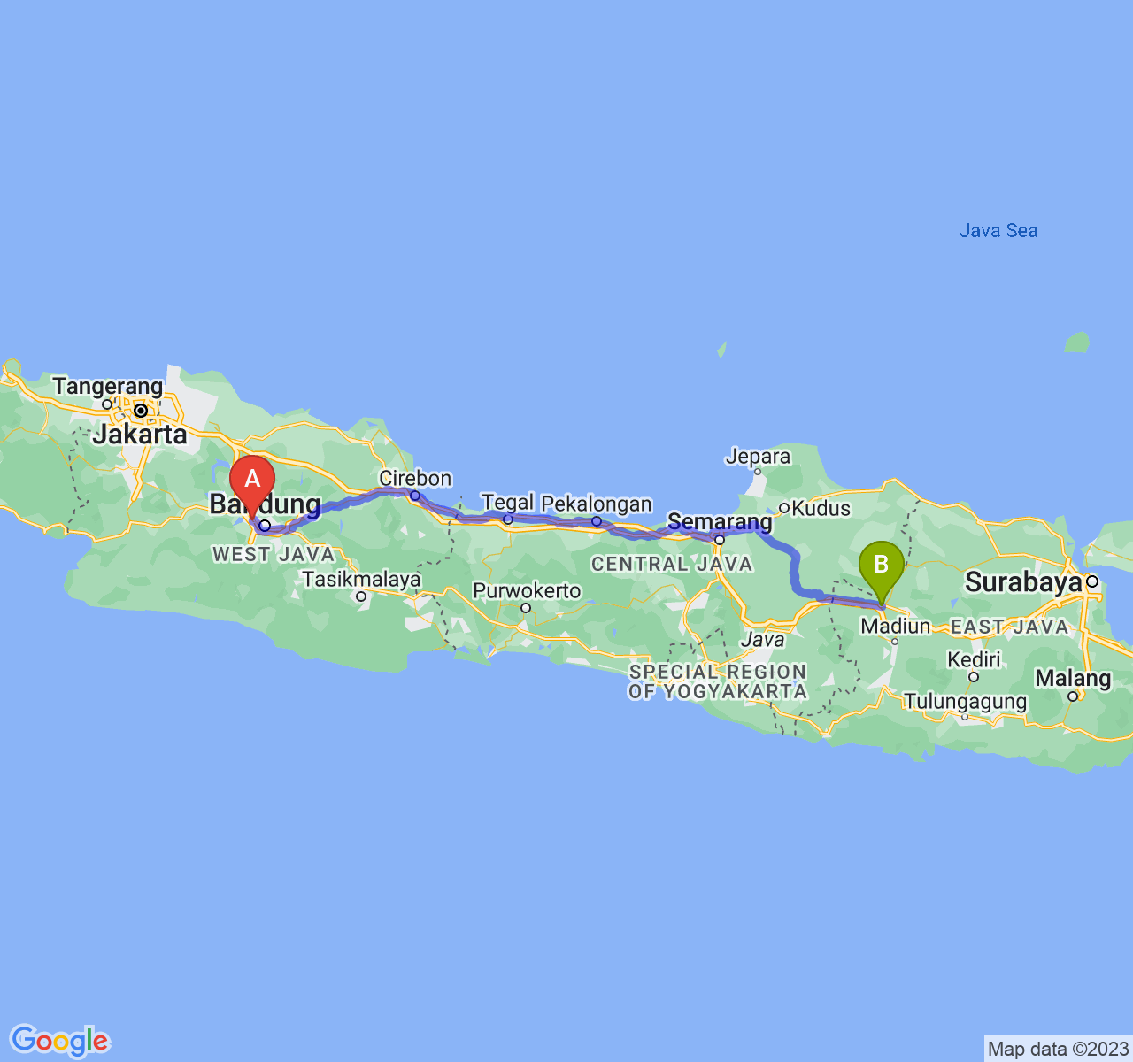 rute perjalanan Kota Cimahi-Kab. Ngawi