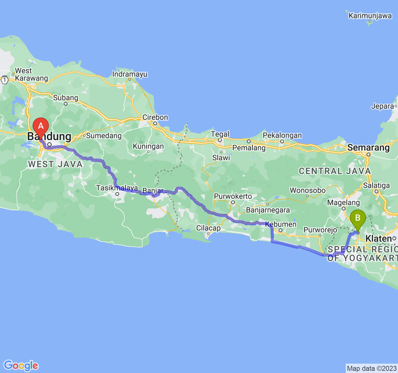 rute perjalanan Kota Cimahi-Kab. Sleman