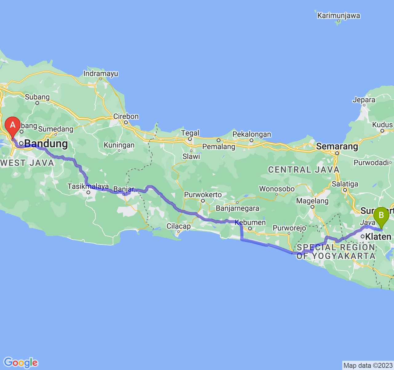 rute perjalanan Kota Cimahi-Kab. Sukoharjo