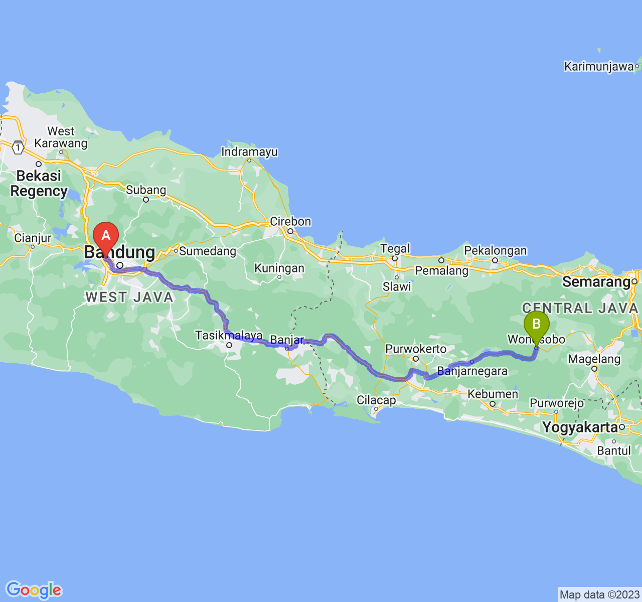 rute perjalanan Kota Cimahi-Kab. Wonosobo