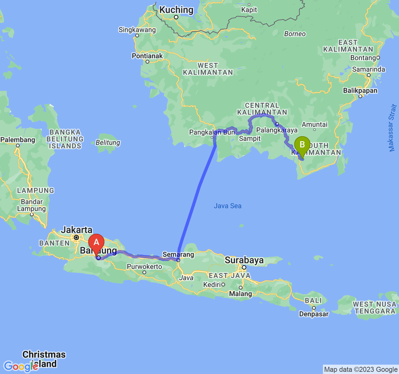 rute perjalanan Kota Cimahi-Kota Banjarbaru