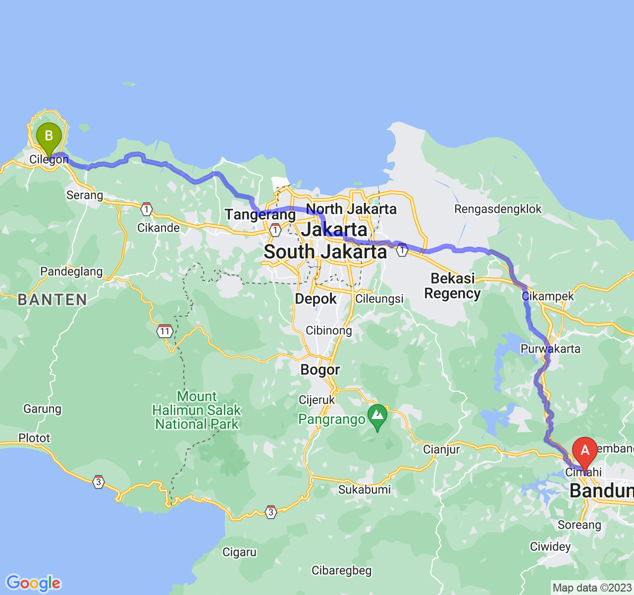 rute perjalanan Kota Cimahi-Kota Cilegon