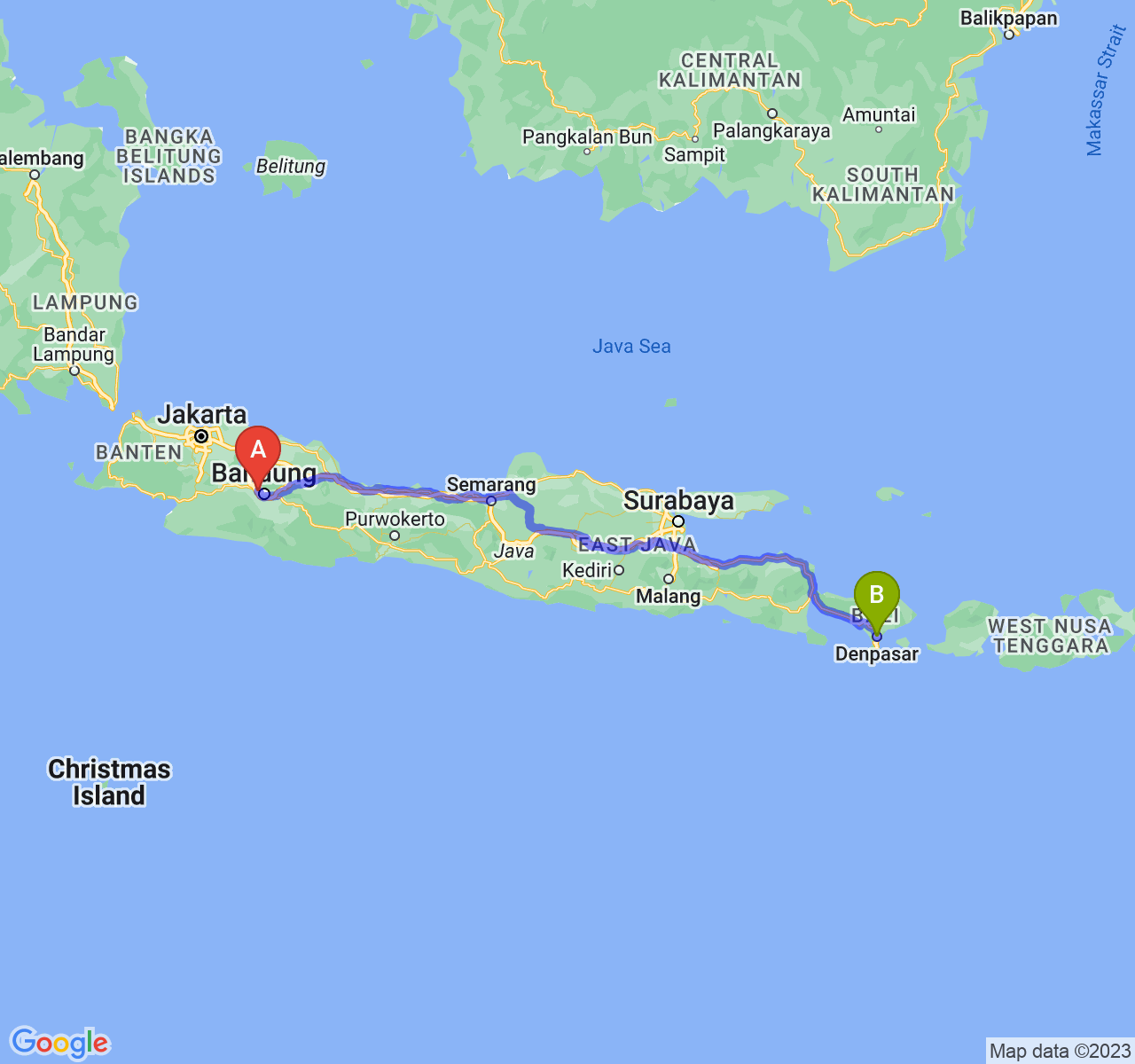 rute perjalanan Kota Cimahi-Kota Denpasar
