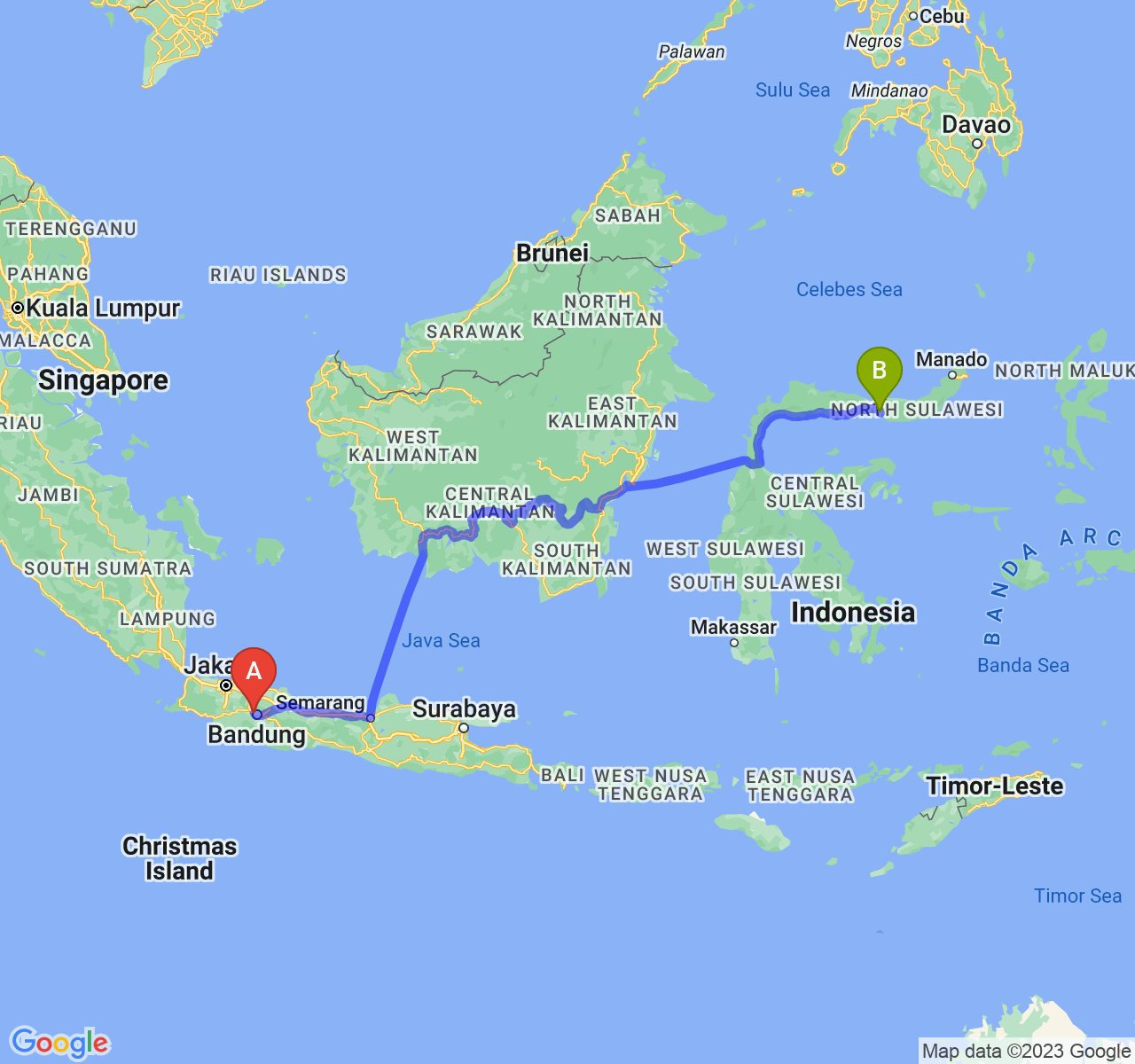 rute perjalanan Kota Cimahi-Kota Gorontalo