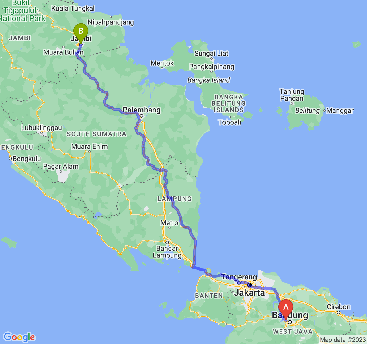 rute perjalanan Kota Cimahi-Kota Jambi