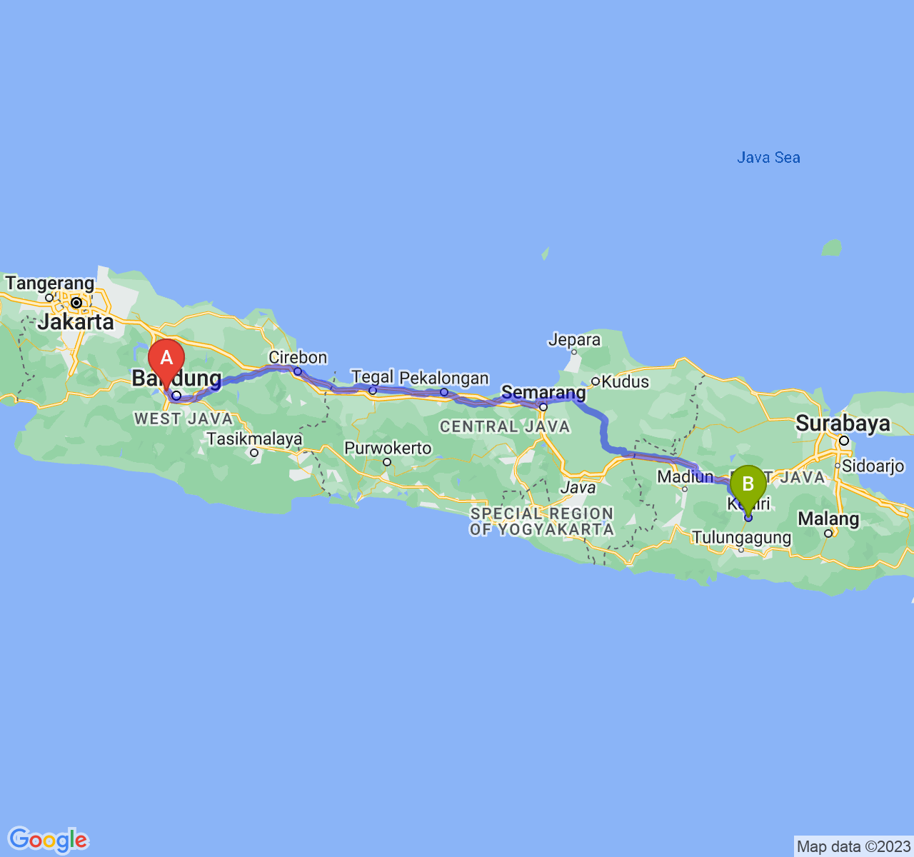 rute perjalanan Kota Cimahi-Kota Kediri