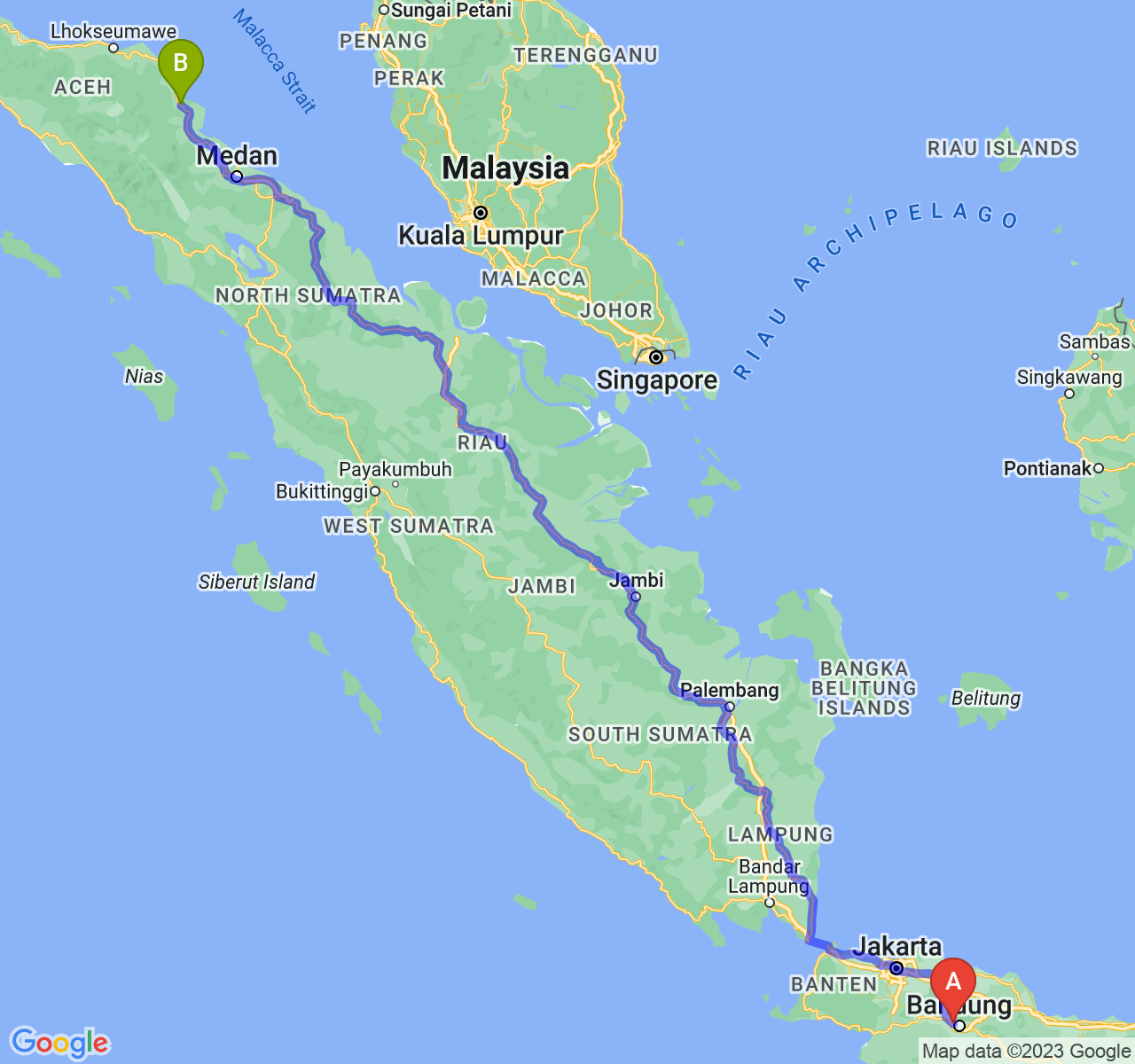 rute perjalanan Kota Cimahi-Kota Langsa