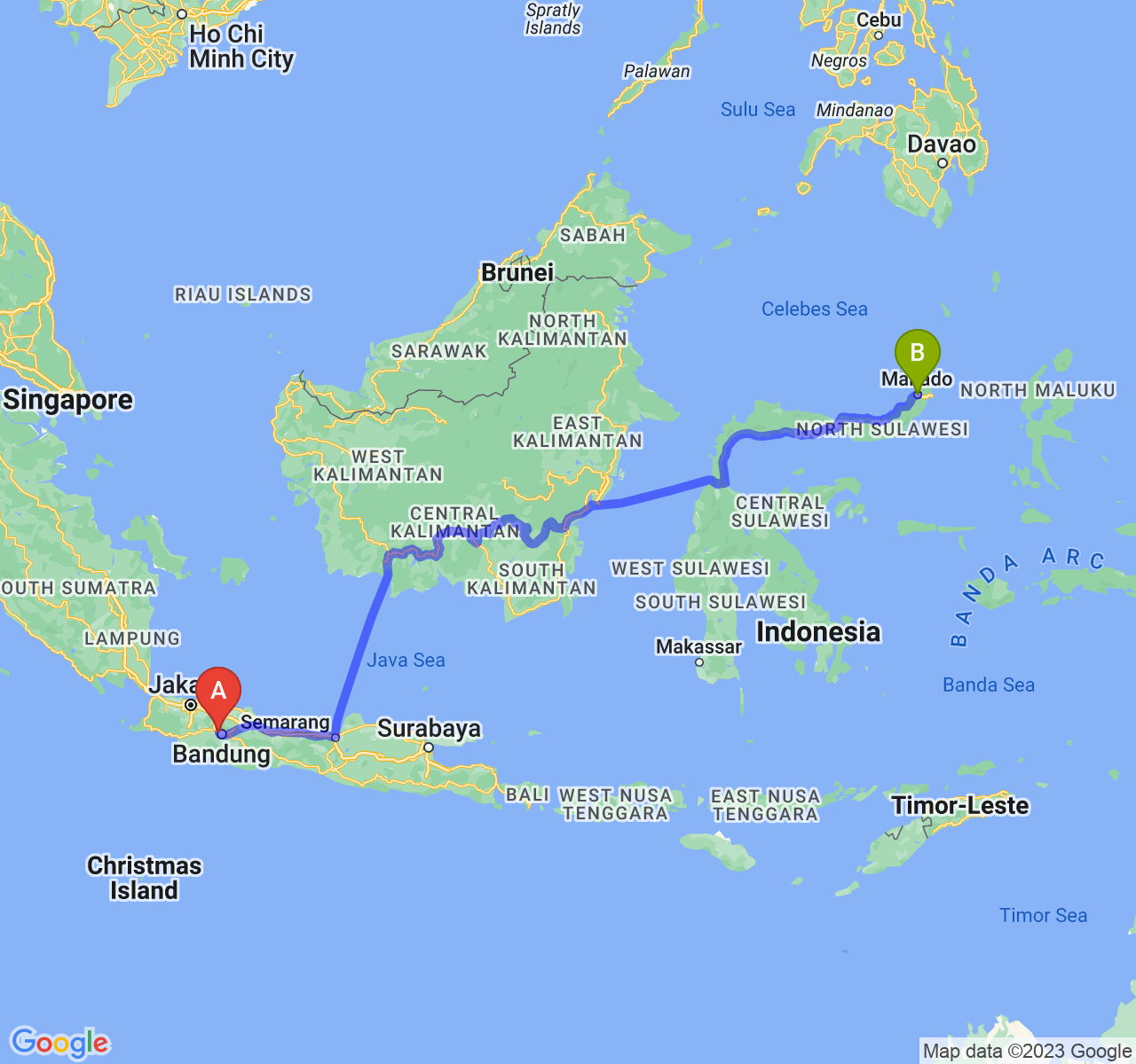 rute perjalanan Kota Cimahi-Kota Manado