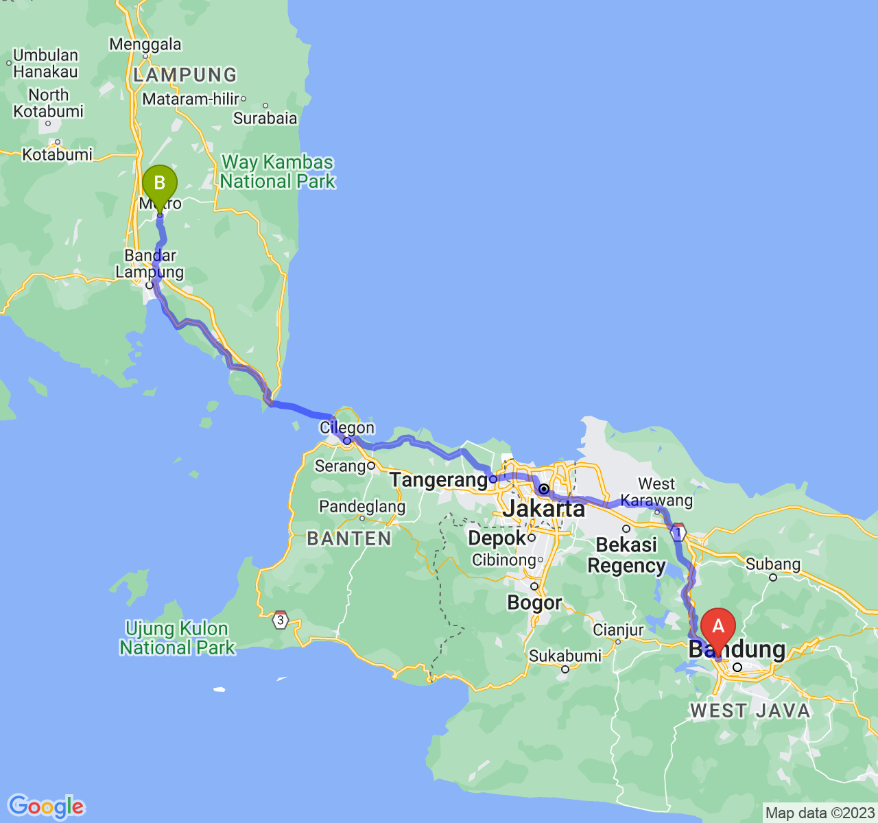 rute perjalanan Kota Cimahi-Kota Metro