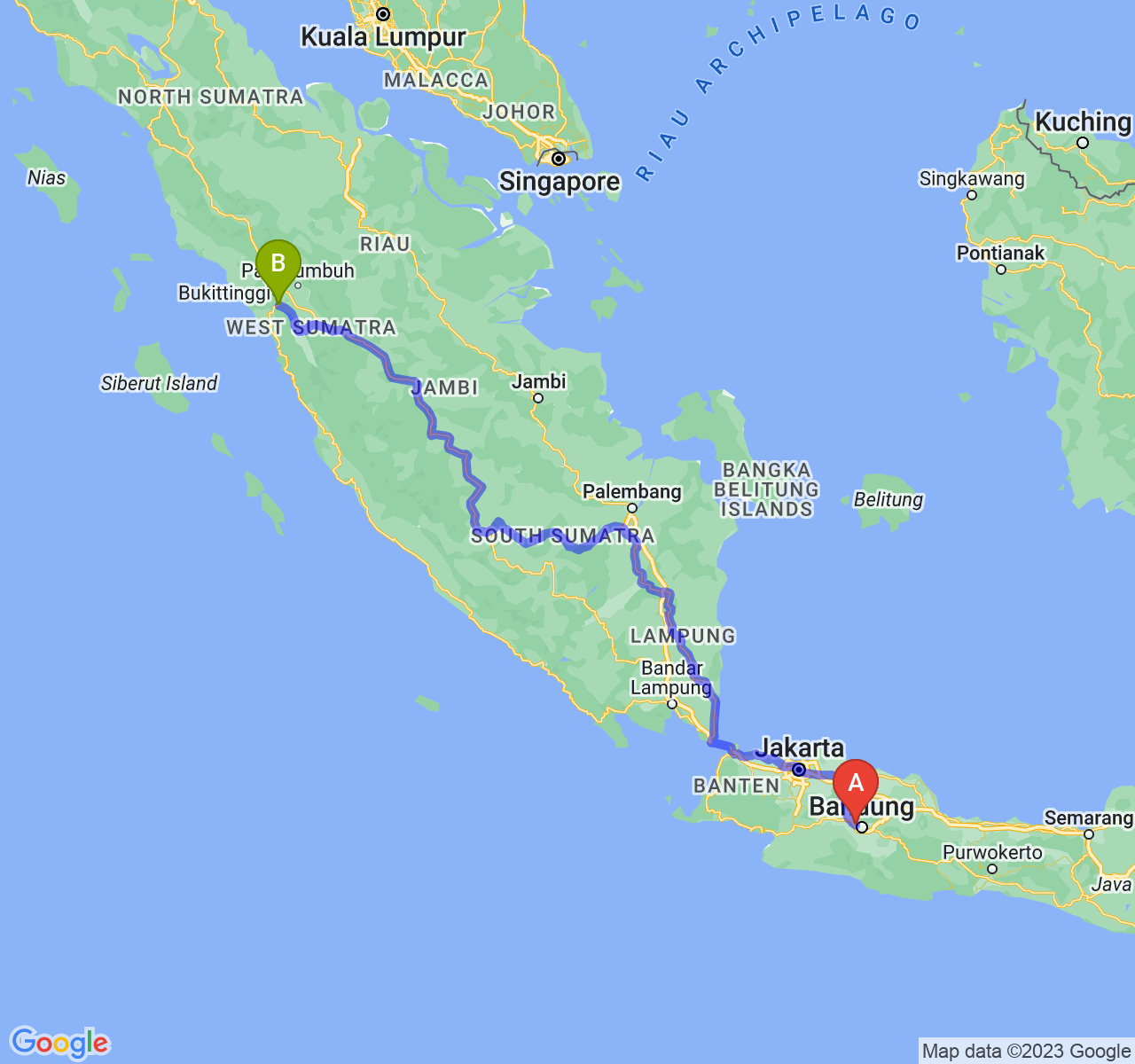 rute perjalanan Kota Cimahi-Kota Padang Panjang