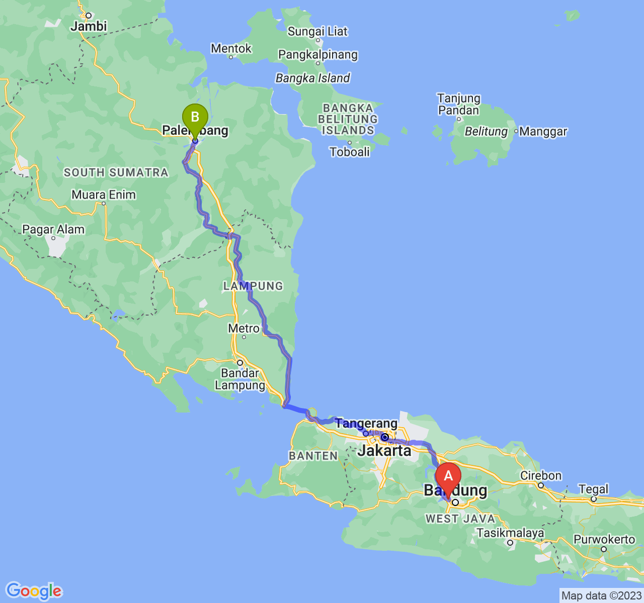 rute perjalanan Kota Cimahi-Kota Palembang