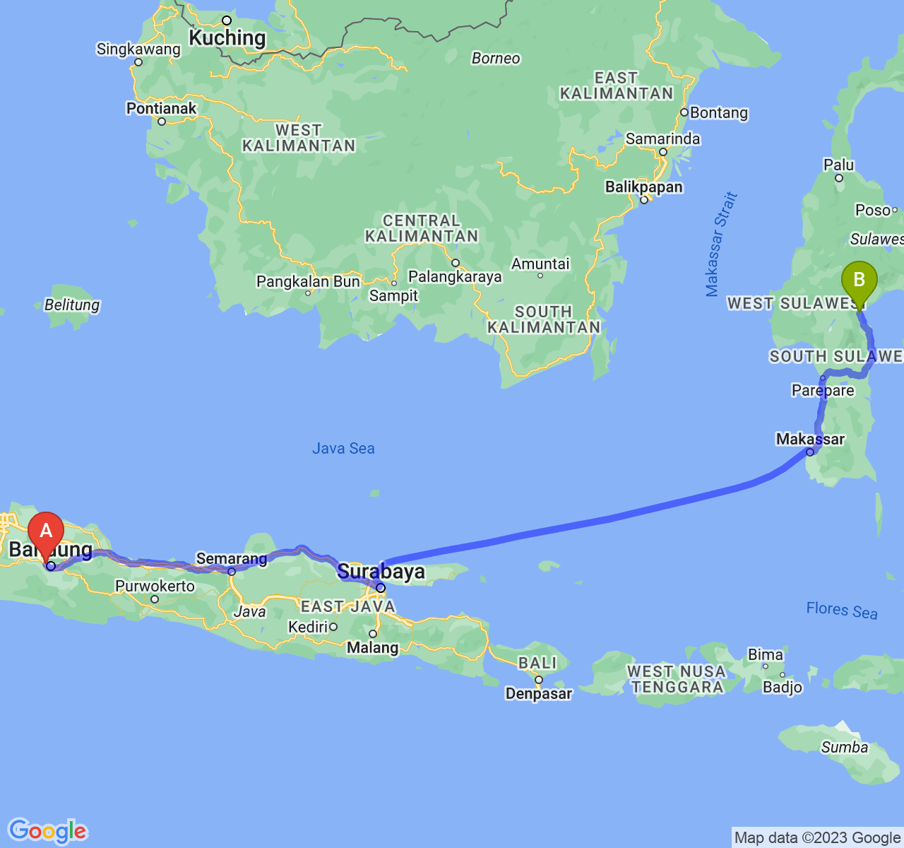 rute perjalanan Kota Cimahi-Kota Palopo