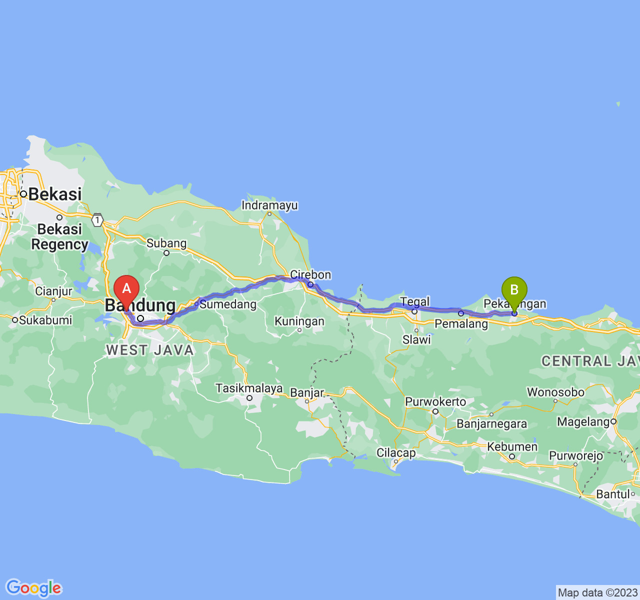 rute perjalanan Kota Cimahi-Kota Pekalongan