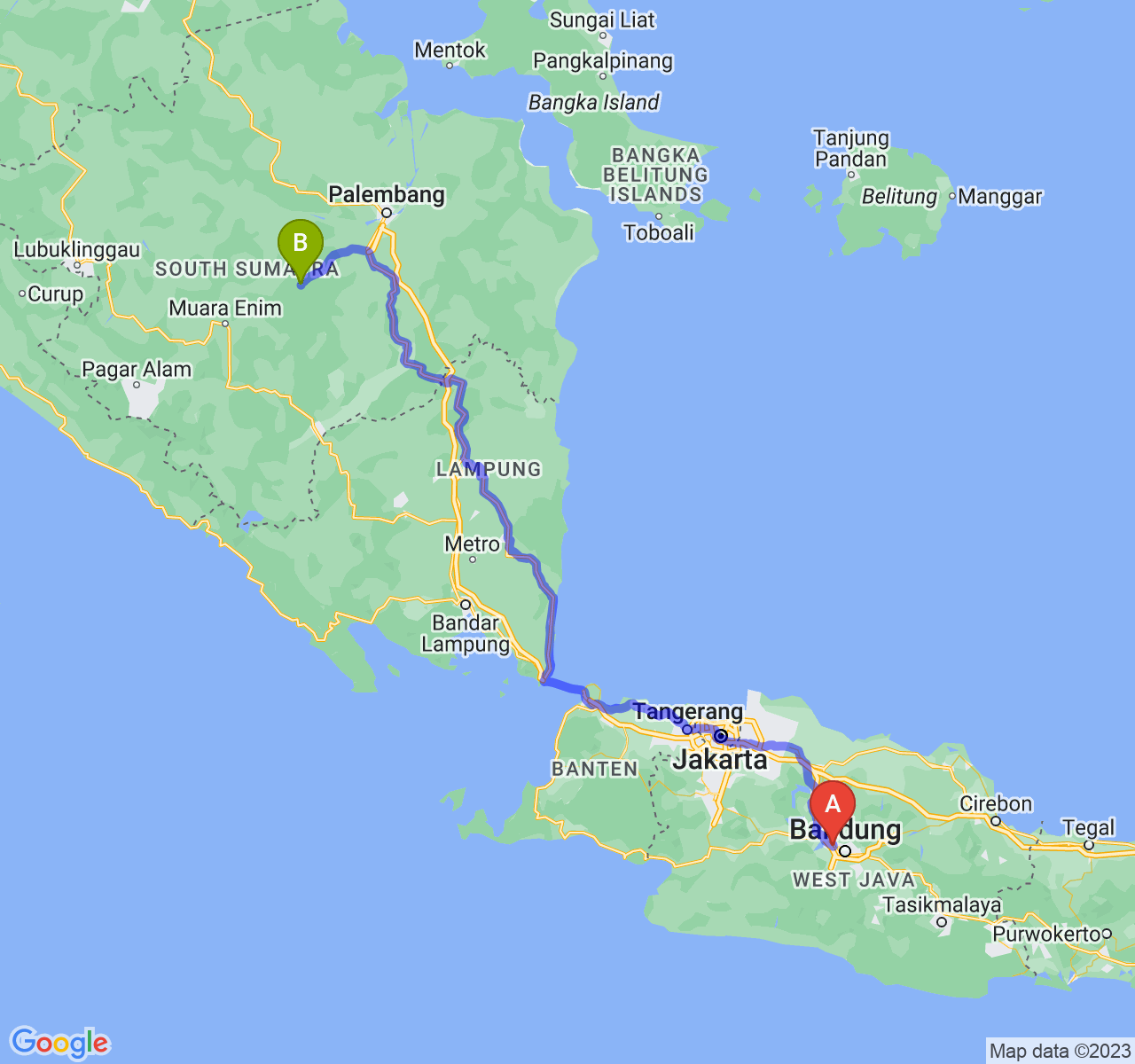 rute perjalanan Kota Cimahi-Kota Prabumulih