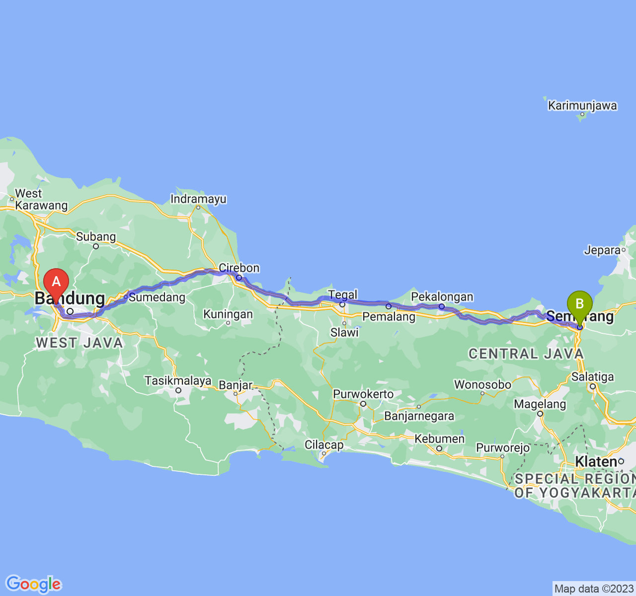 rute perjalanan Kota Cimahi-Kota Semarang