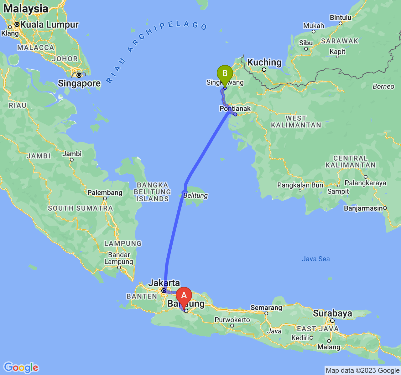 rute perjalanan Kota Cimahi-Kota Singkawang