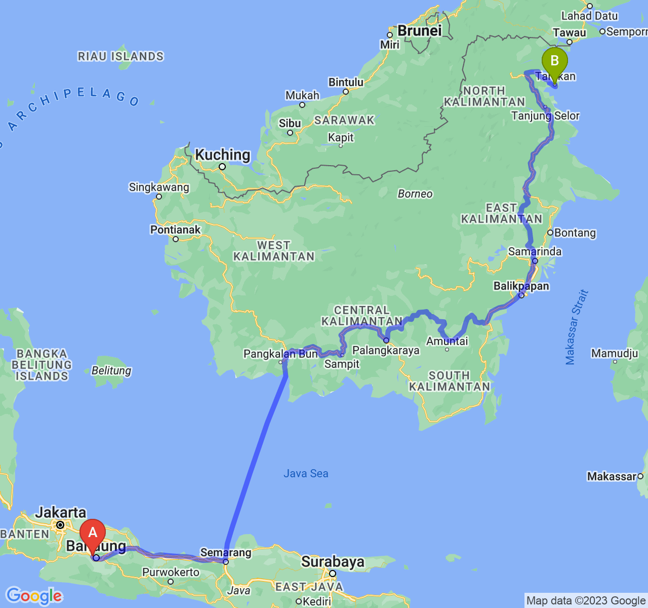 rute perjalanan Kota Cimahi-Kota Tarakan