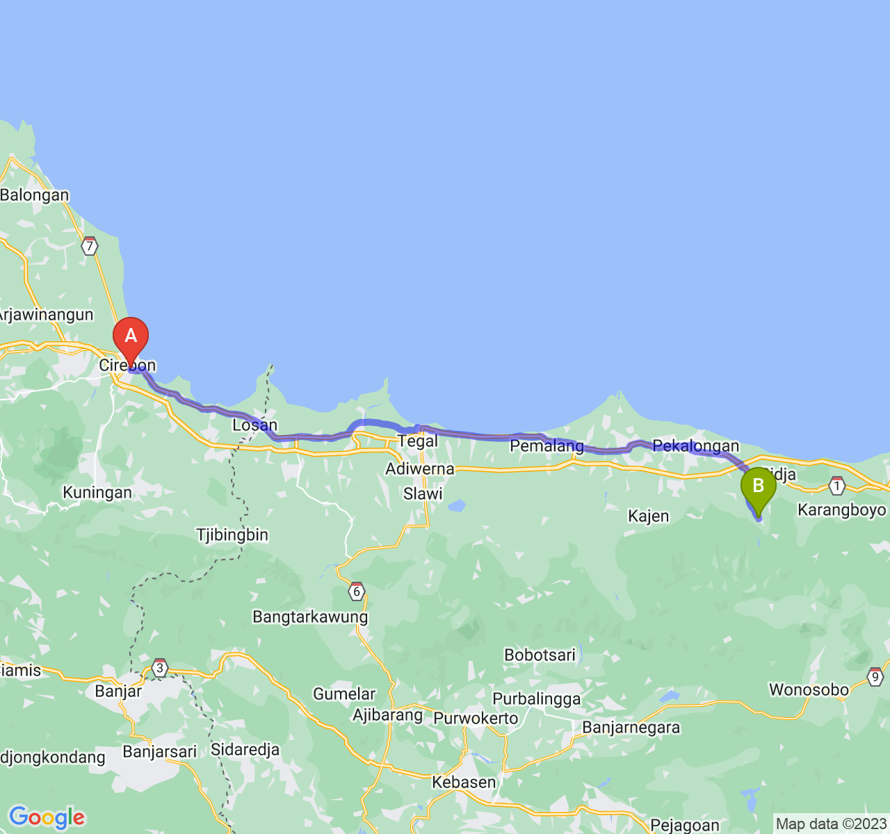 rute perjalanan Kota Cirebon-Kab. Batang