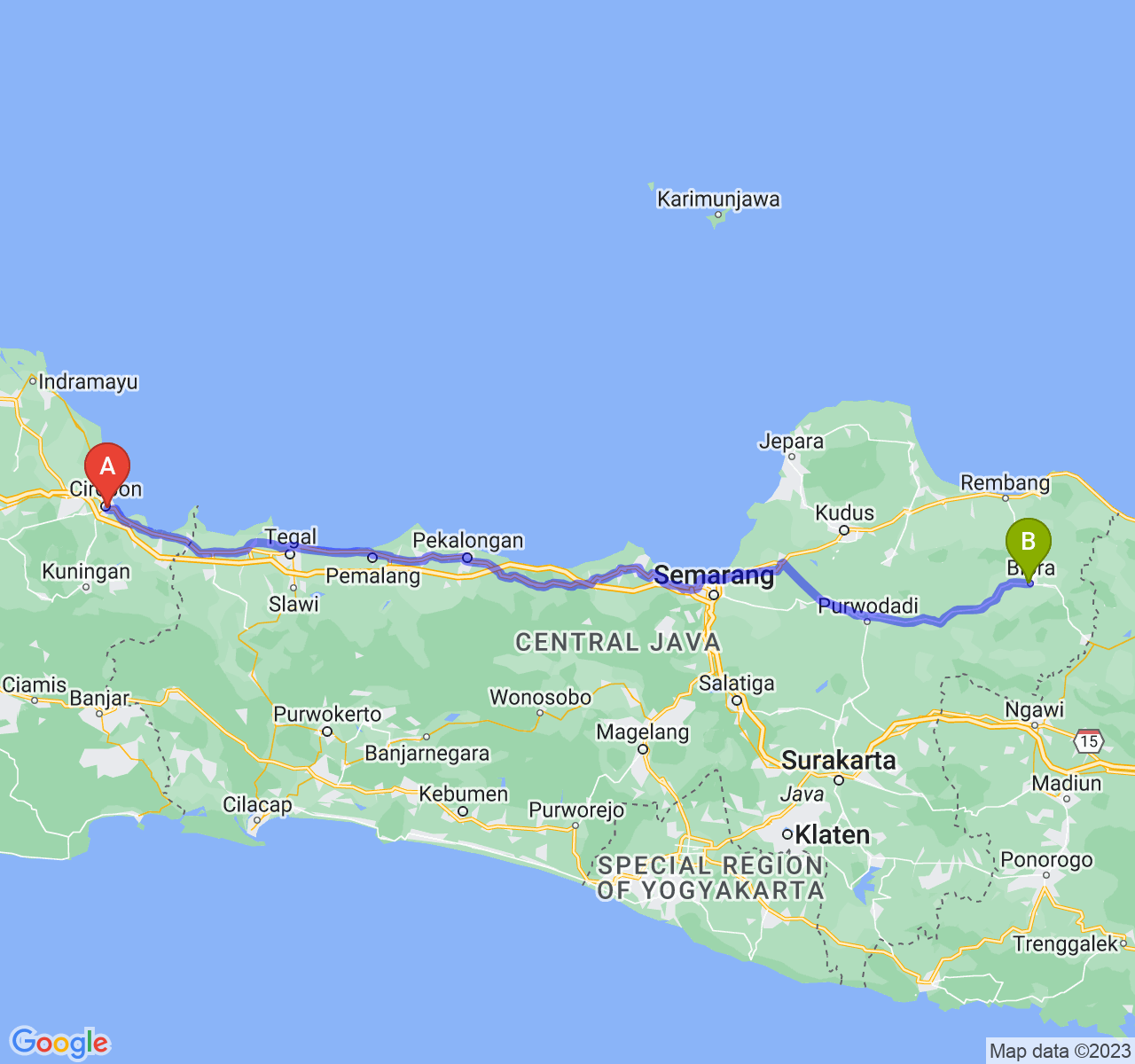 rute perjalanan Kota Cirebon-Kab. Blora