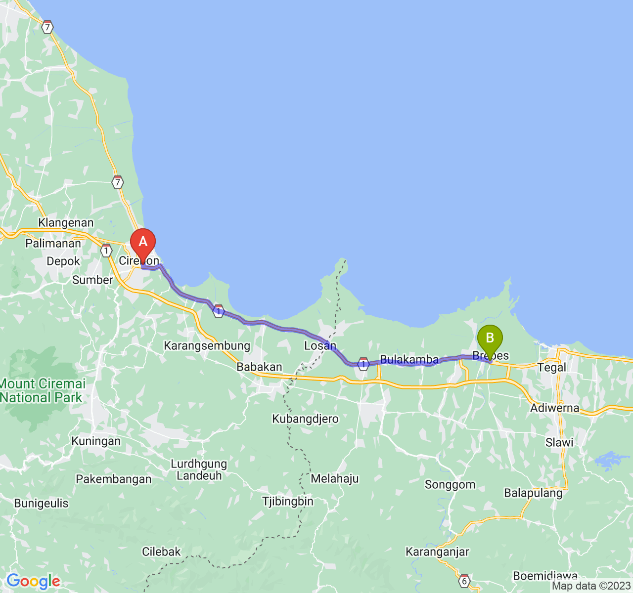 rute perjalanan Kota Cirebon-Kab. Brebes