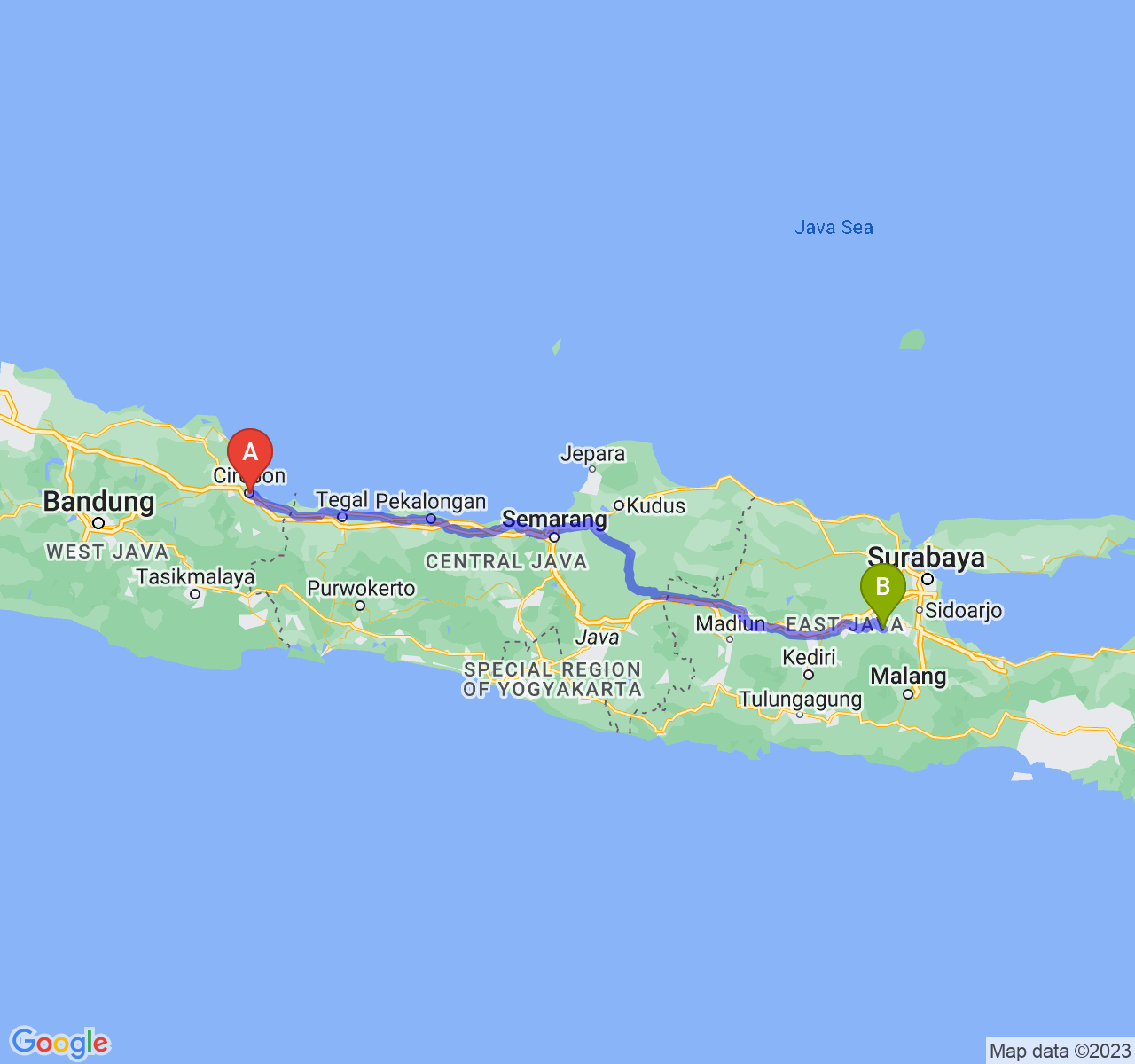 rute perjalanan Kota Cirebon-Kab. Mojokerto