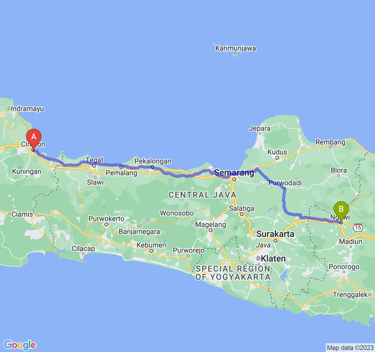 rute perjalanan Kota Cirebon-Kab. Ngawi