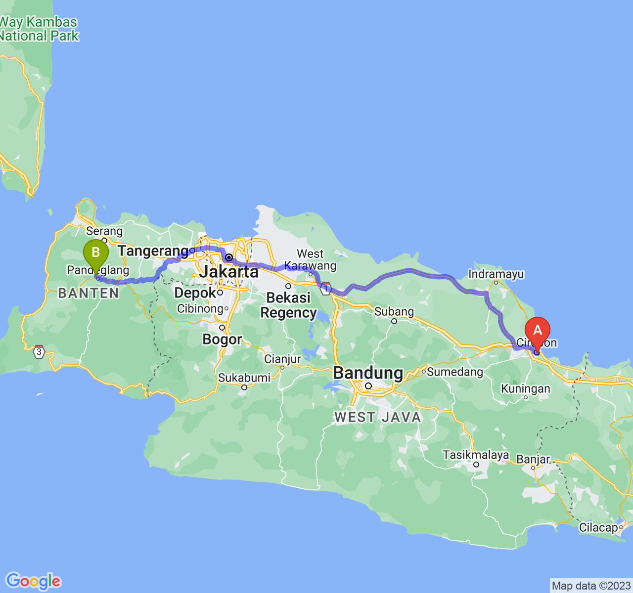 rute perjalanan Kota Cirebon-Kab. Pandeglang