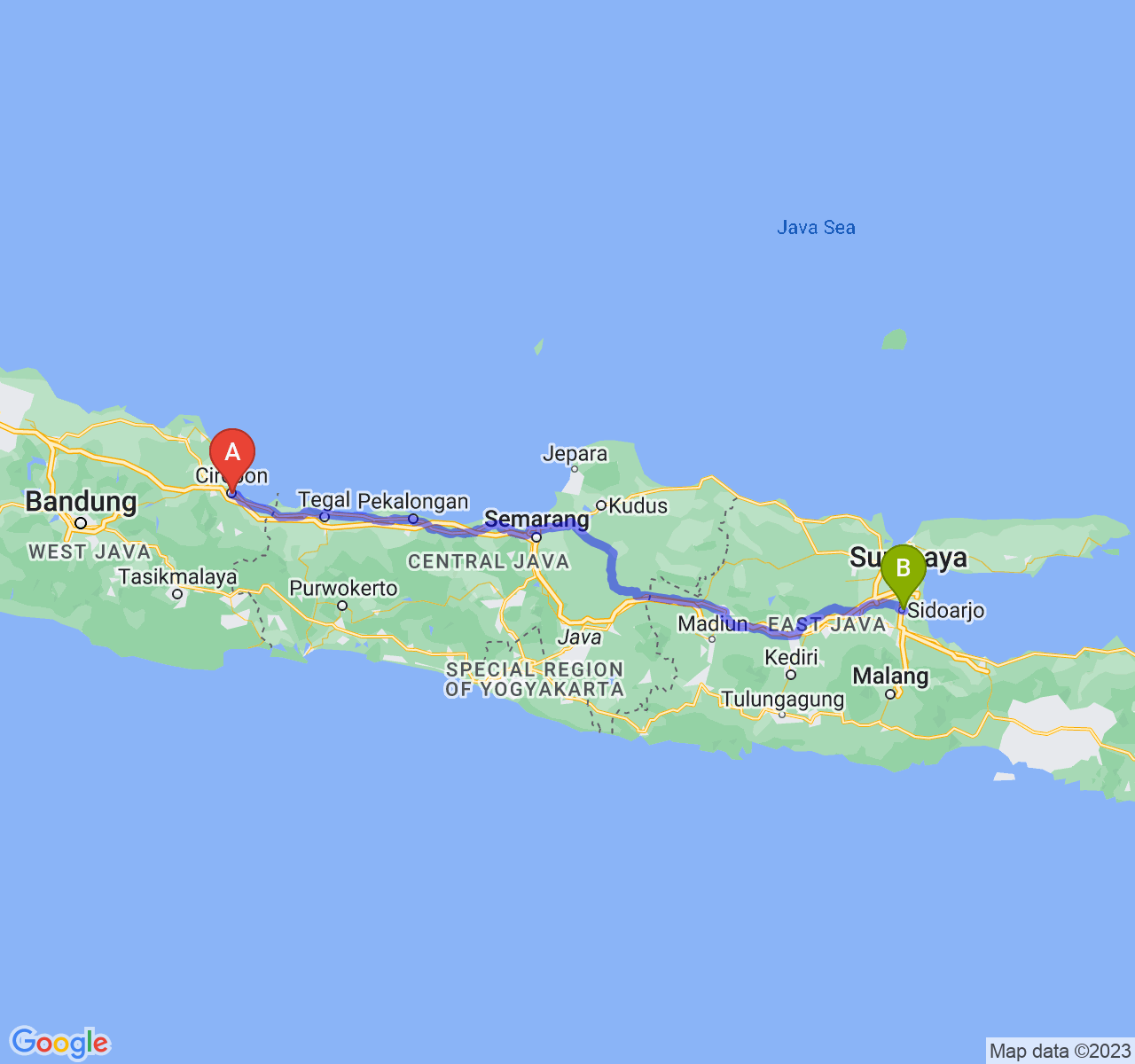 rute perjalanan Kota Cirebon-Kab. Sidoarjo