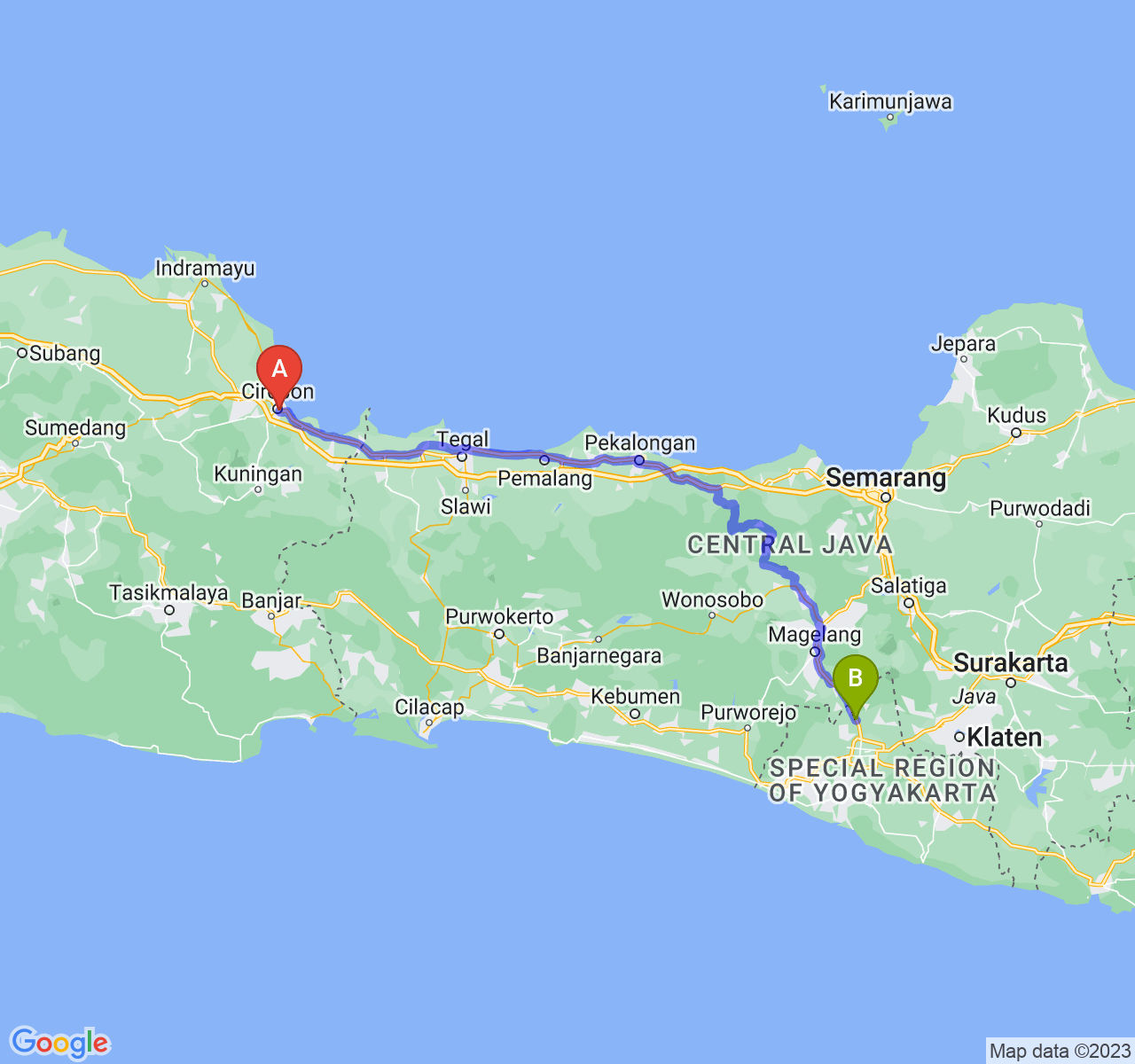 rute perjalanan Kota Cirebon-Kab. Sleman