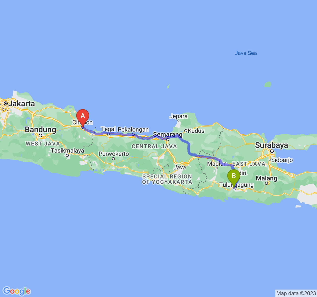 rute perjalanan Kota Cirebon-Kab. Tulungagung