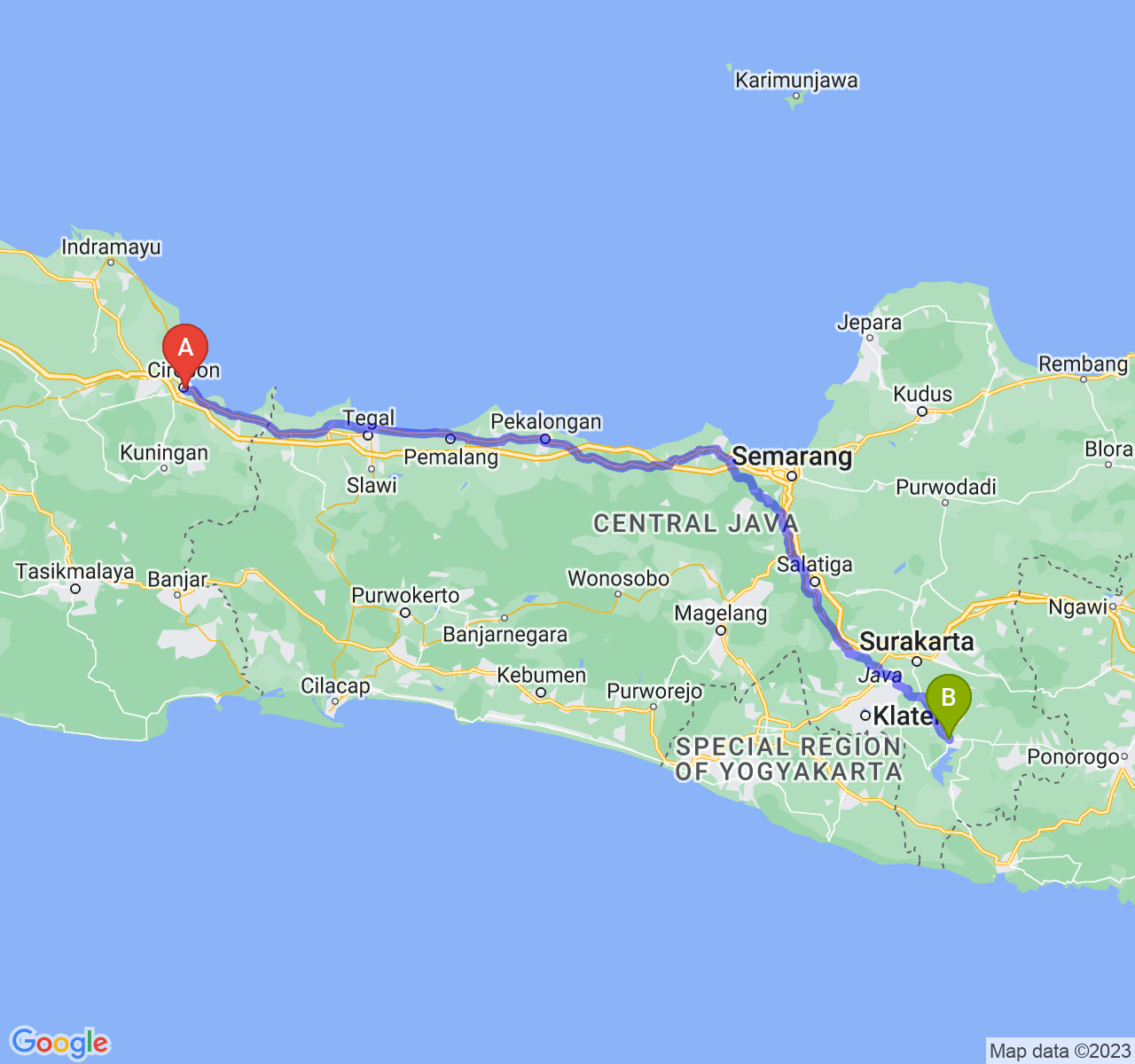 rute perjalanan Kota Cirebon-Kab. Wonogiri