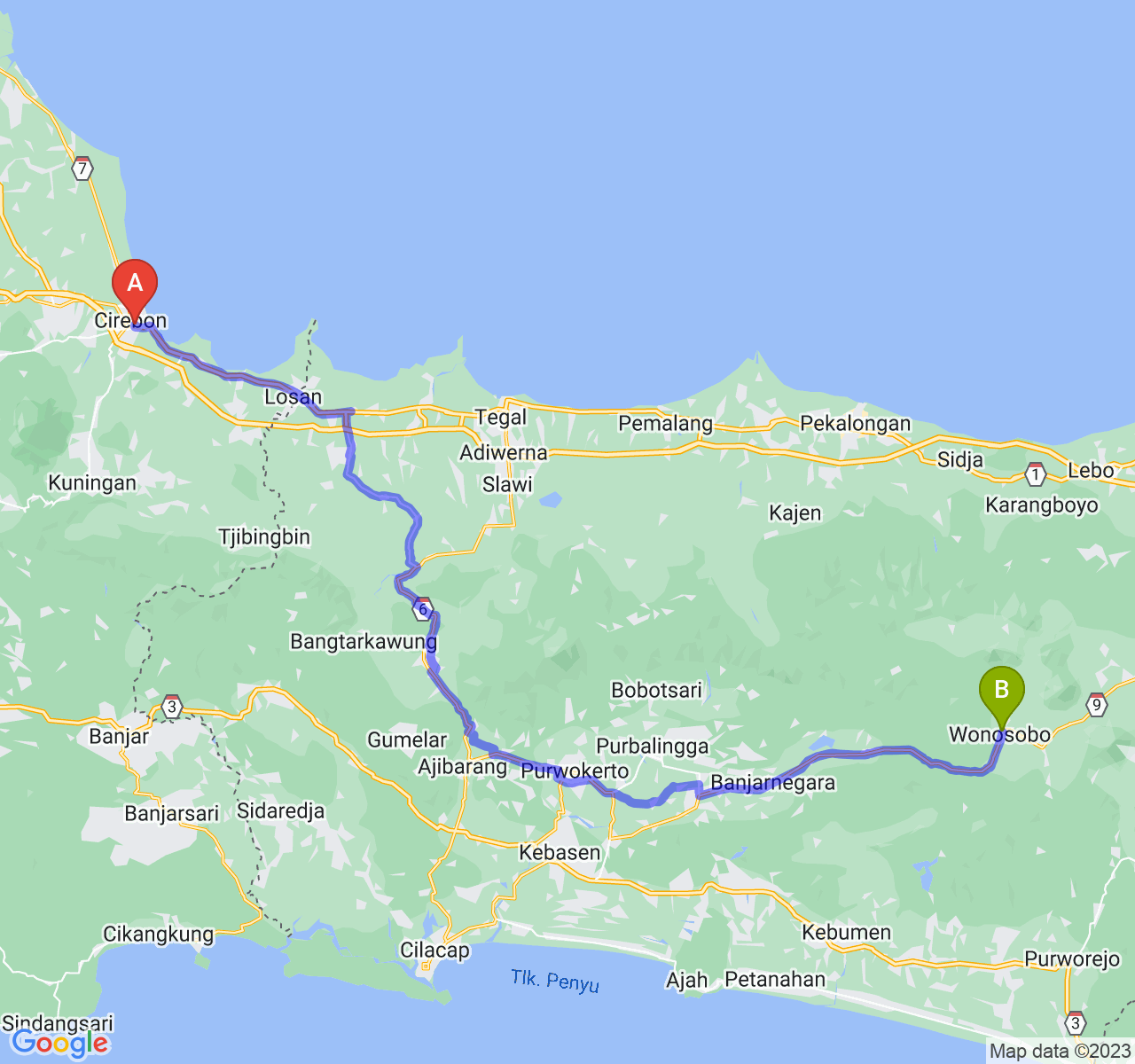 rute perjalanan Kota Cirebon-Kab. Wonosobo