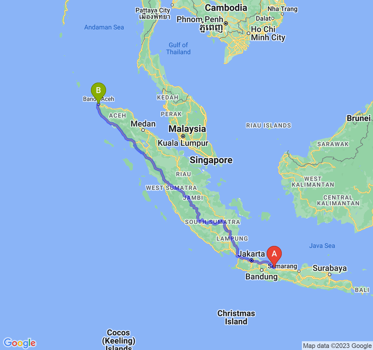 rute perjalanan Kota Cirebon-Kota Banda Aceh