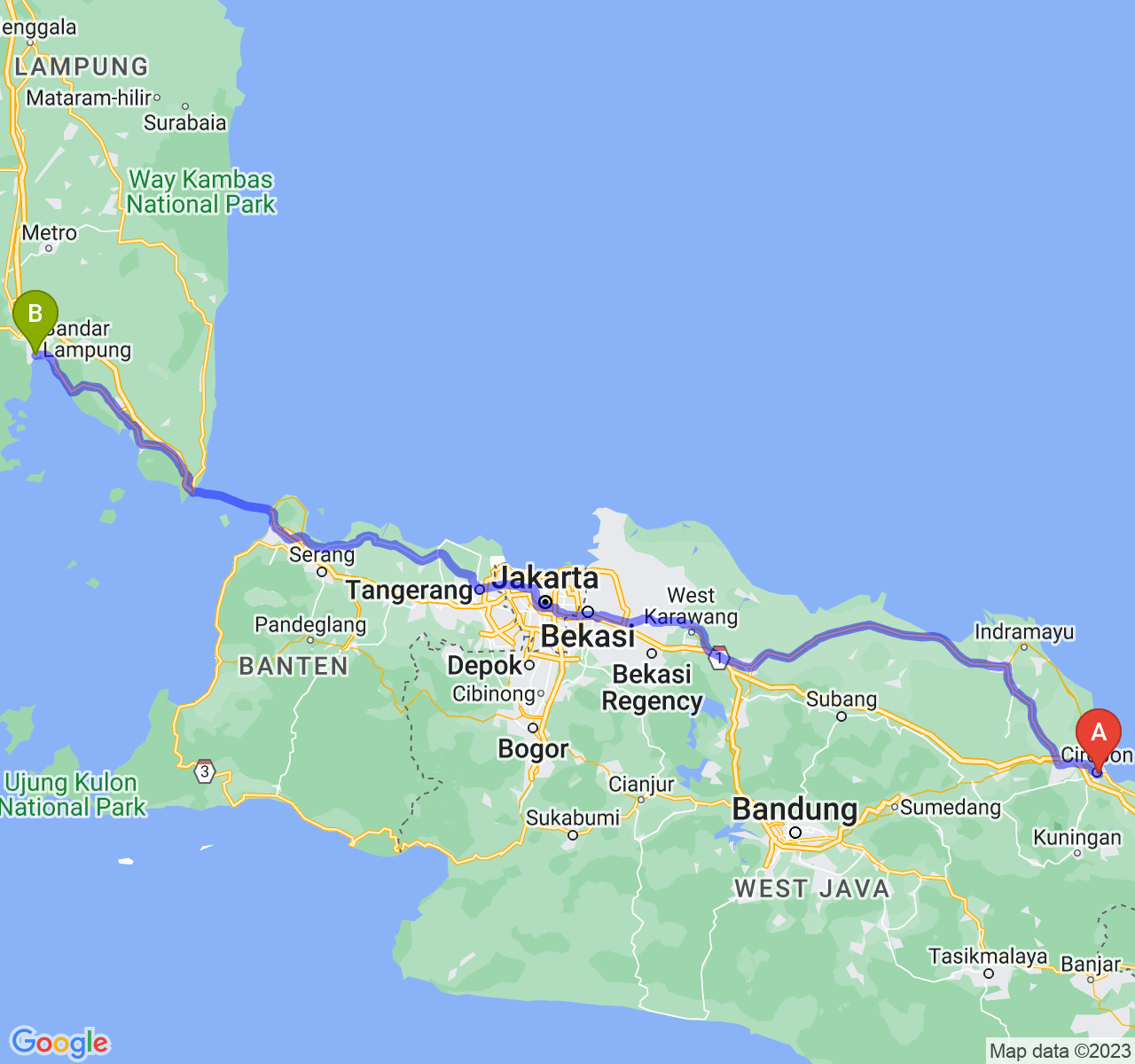 rute perjalanan Kota Cirebon-Kota Bandar Lampung