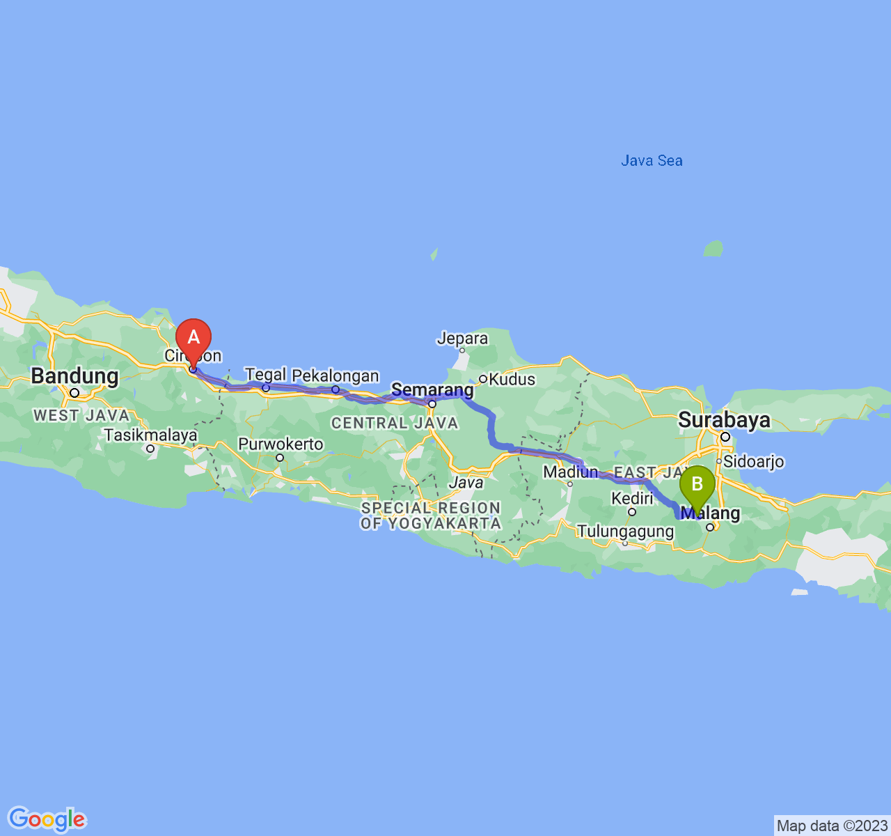 rute perjalanan Kota Cirebon-Kota Batu