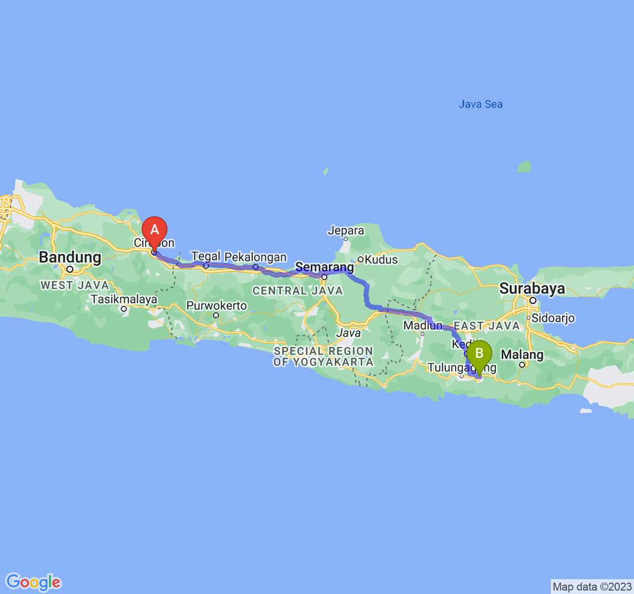 rute perjalanan Kota Cirebon-Kota Blitar