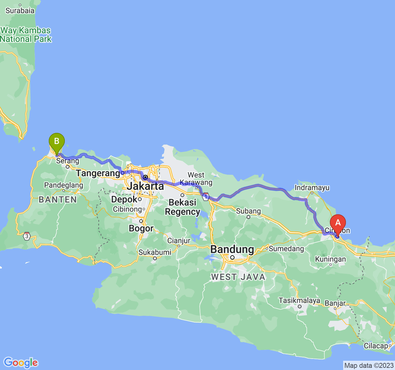 rute perjalanan Kota Cirebon-Kota Cilegon