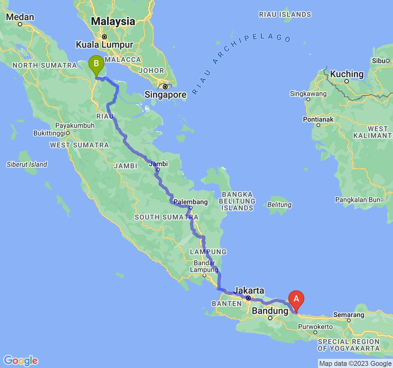 rute perjalanan Kota Cirebon-Kota Dumai