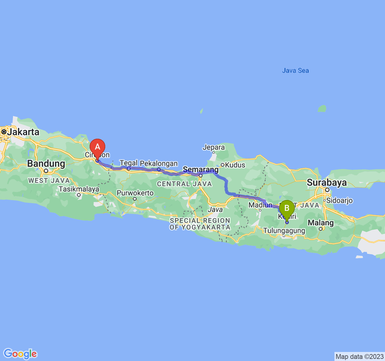 rute perjalanan Kota Cirebon-Kota Kediri