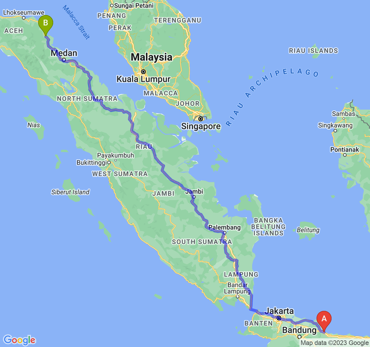 rute perjalanan Kota Cirebon-Kota Langsa