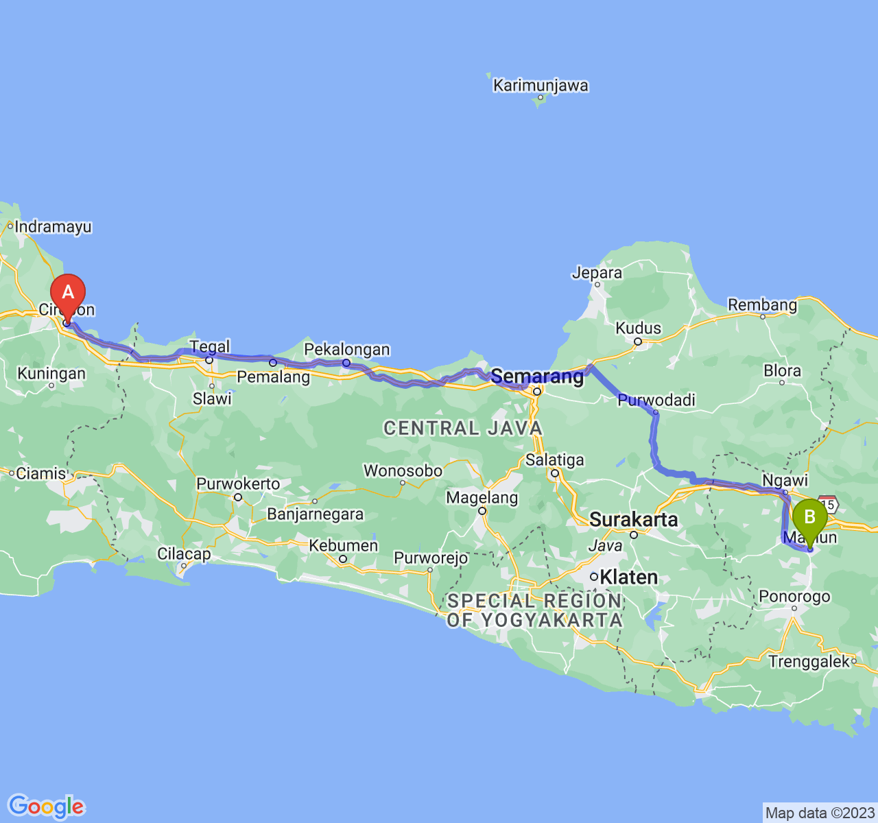 rute perjalanan Kota Cirebon-Kota Madiun