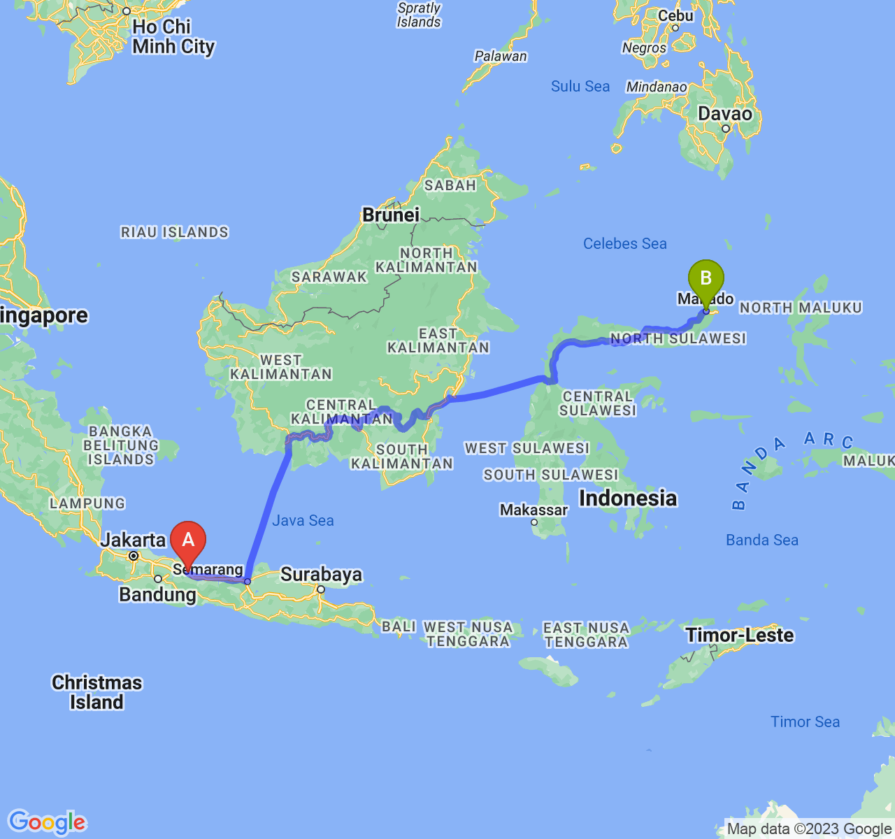 rute perjalanan Kota Cirebon-Kota Manado