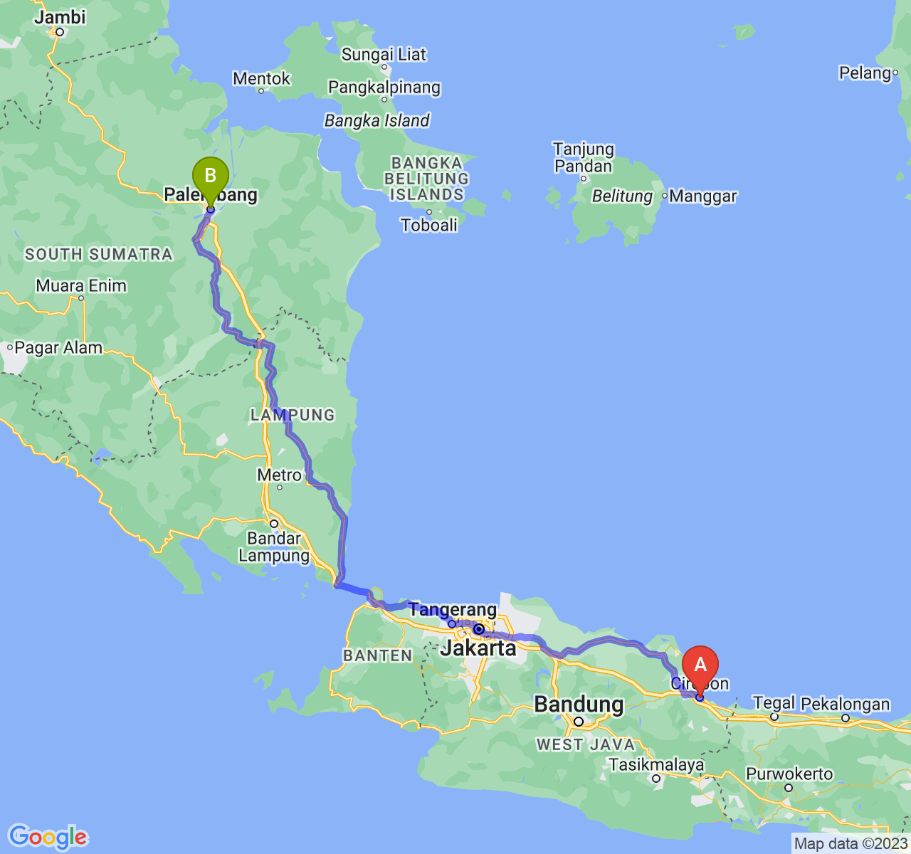 rute perjalanan Kota Cirebon-Kota Palembang