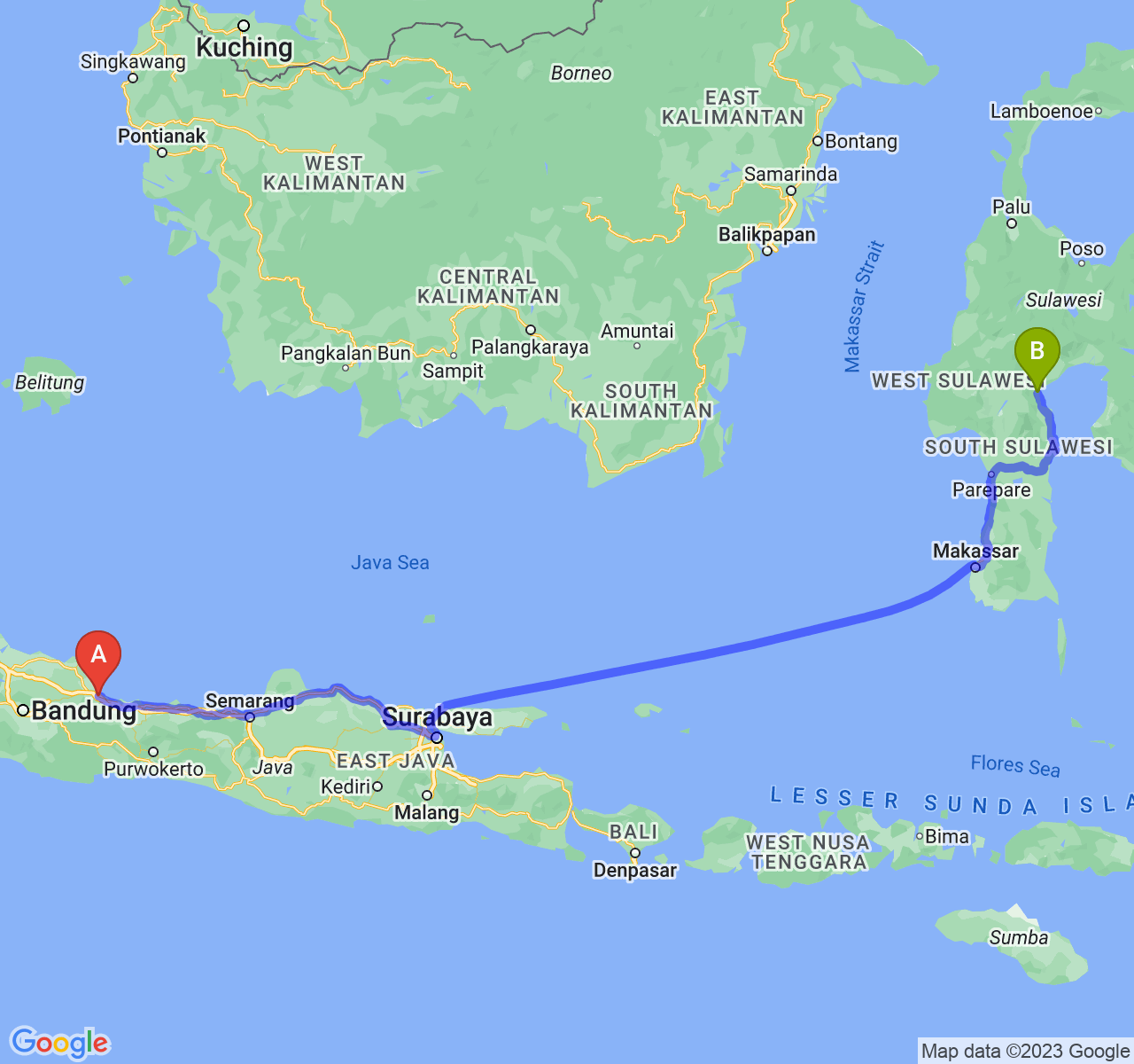 rute perjalanan Kota Cirebon-Kota Palopo