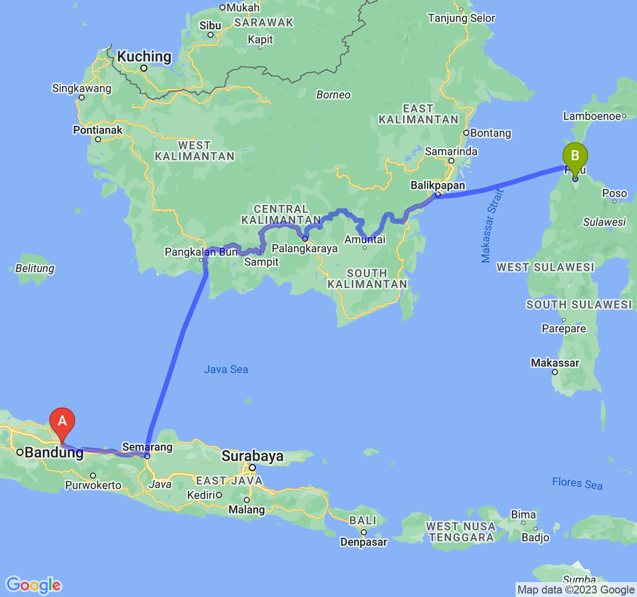 rute perjalanan Kota Cirebon-Kota Palu