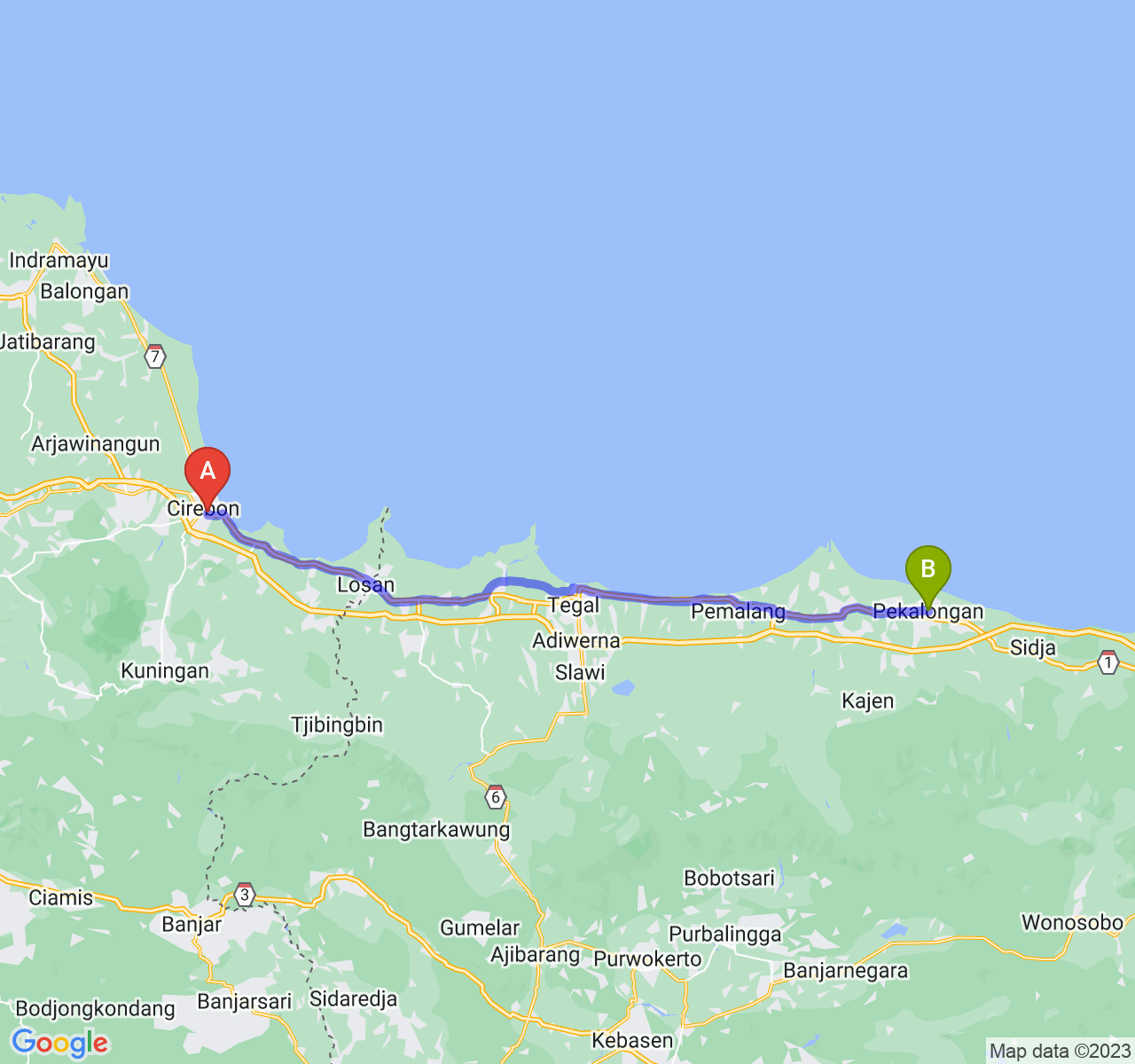 rute perjalanan Kota Cirebon-Kota Pekalongan